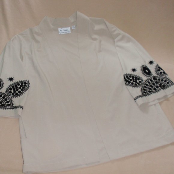 Linea Dell'Olio Open Front Tan Black Embroidery Cardigan Sz M 3/4 Sleeves - Picture 2 of 15